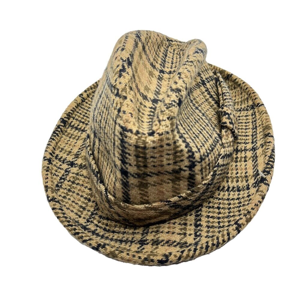 Beacon Hill Plaid Tweed Fedora Hat Beige Black Olive Medium 7 - 7 1/8 Vintage